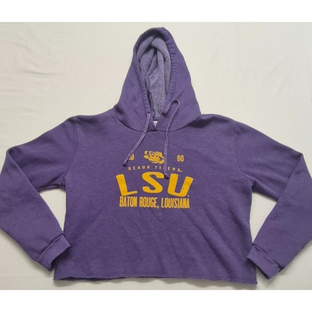 LSU Tigers cropped hoodie sweatshirt Women's purple Lg yellow graphic drawstring